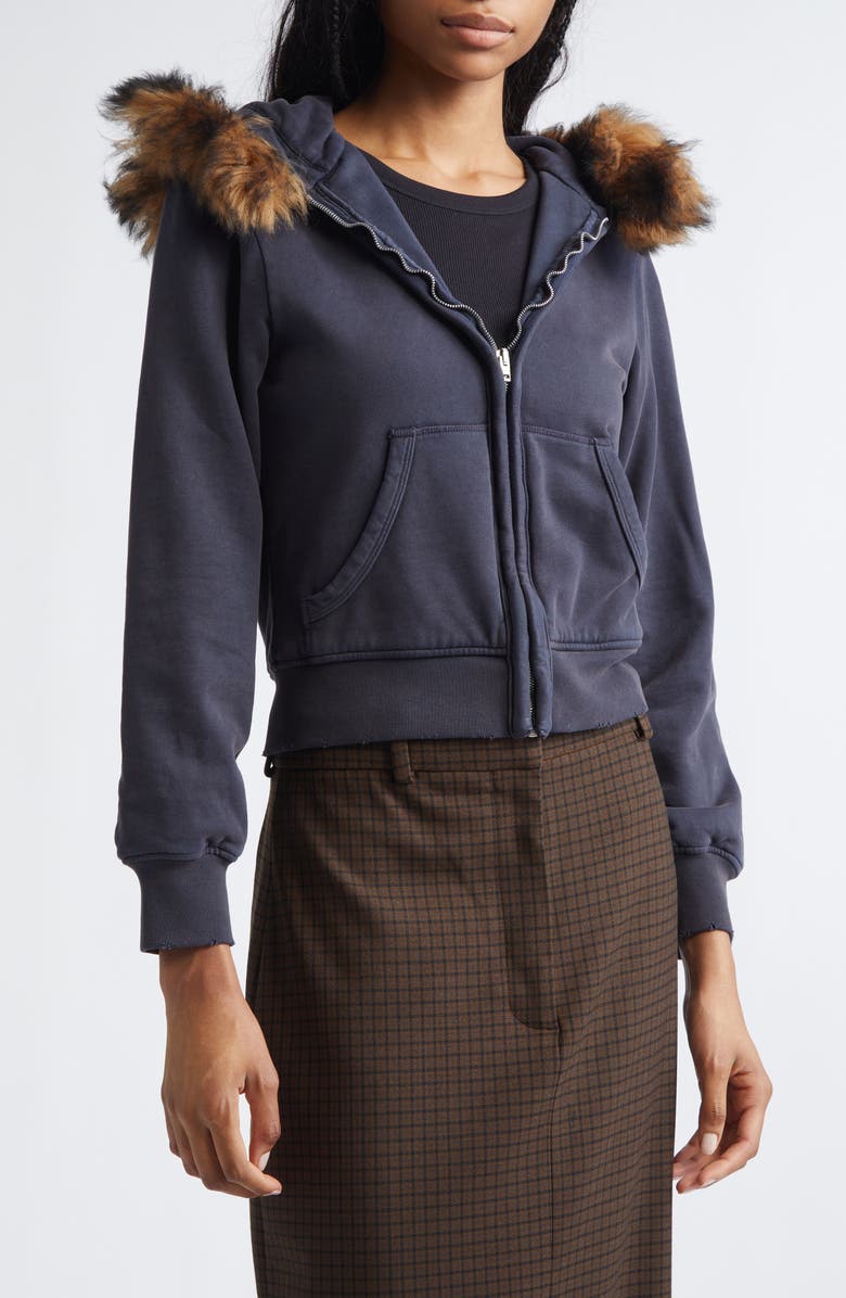 Acne Studios Fuma Organic Cotton Fleece Zip-Up Hoodie with Removable Genuine Shearling Trim, Alternate, color, Rust Brown/ Navy