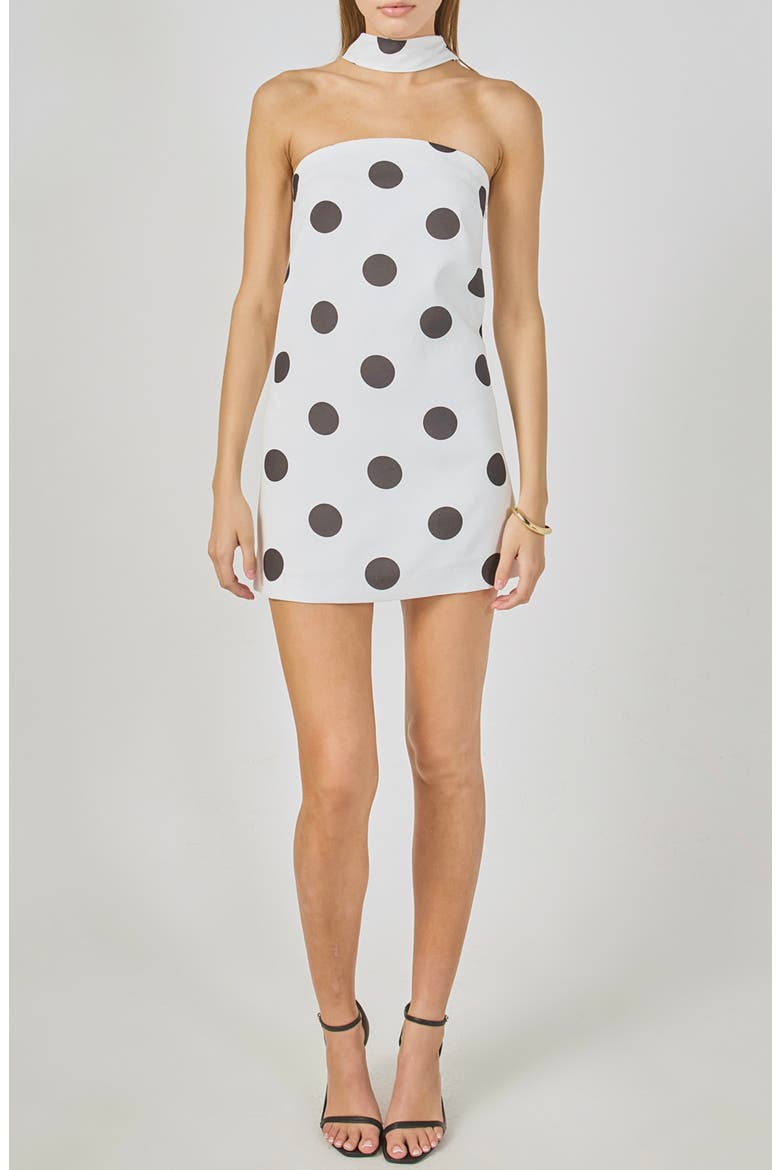 Polka Dot Choker Tie Minidress, Main, color, WHITE/ BLACK