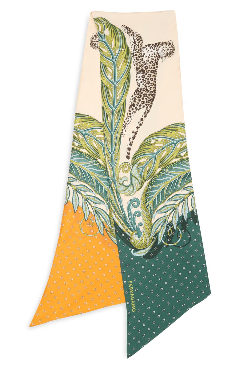 FERRAGAMO Madras 2 Silk Twill Skinny Scarf, Main, color, Verde Oro