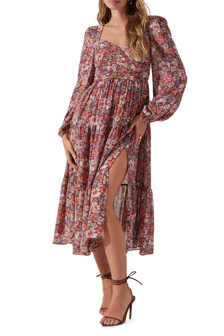Floral Pleated Long Sleeve Midi Dress, Alternate, color, RUST ML FL