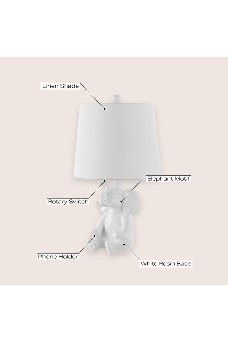Kairi Modern Shabby Chic Resin/Iron Happy Elephant LED Kids' Table Lamp with Phone Stand, Alternate, color, White