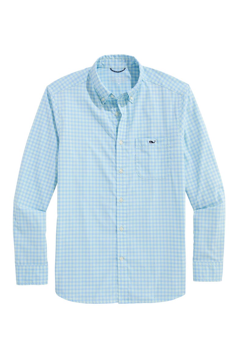 Lemon Shark Gingham Button-Down Performance Shirt, Main, color, AQUA GLASS