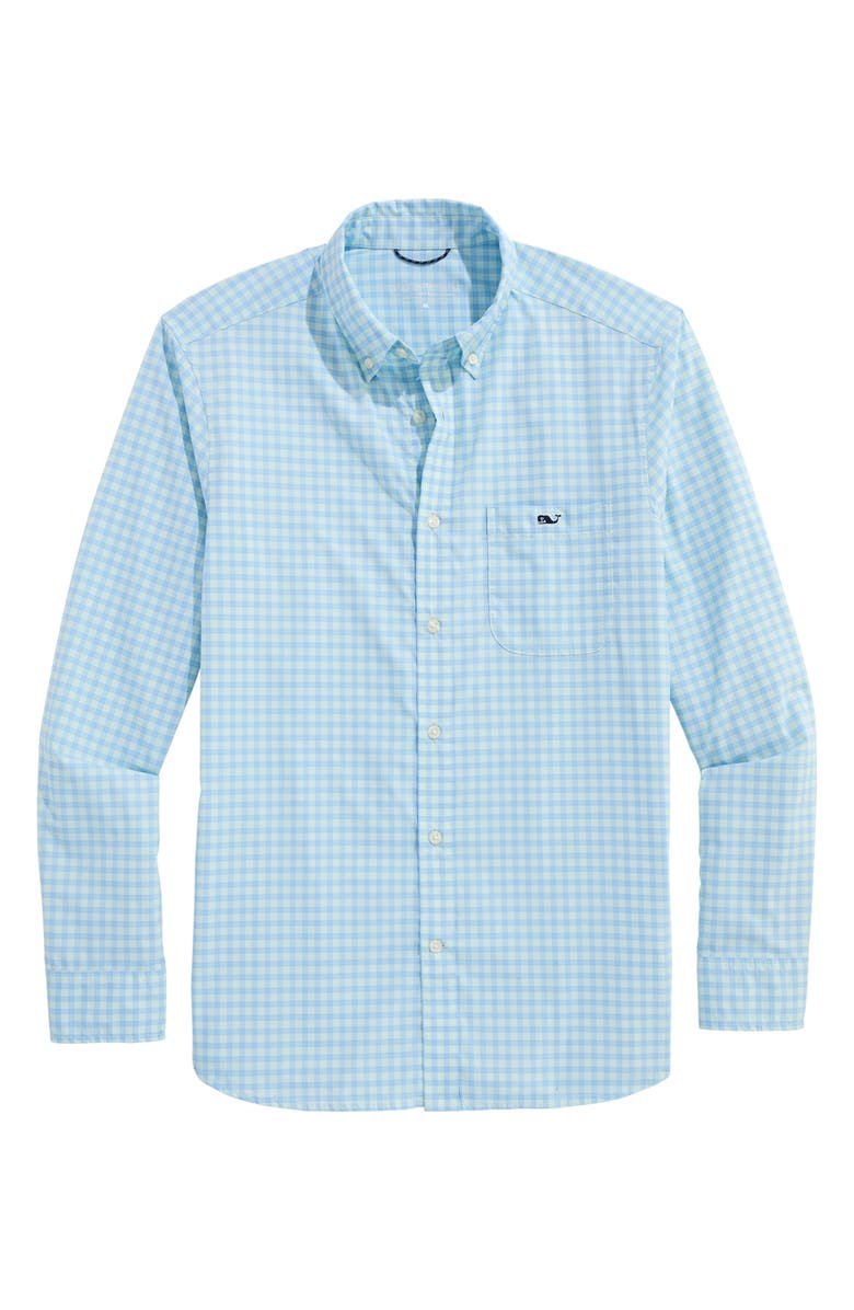 vineyard vines Lemon Shark Gingham Button-Down Performance Shirt, Main, color, Aqua Glass