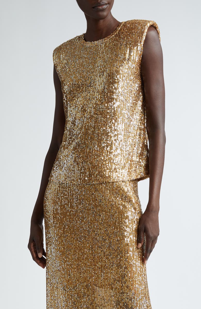 ST. JOHN Sequin Embroidered Sleeveless Knit Top, Main, color, Gold