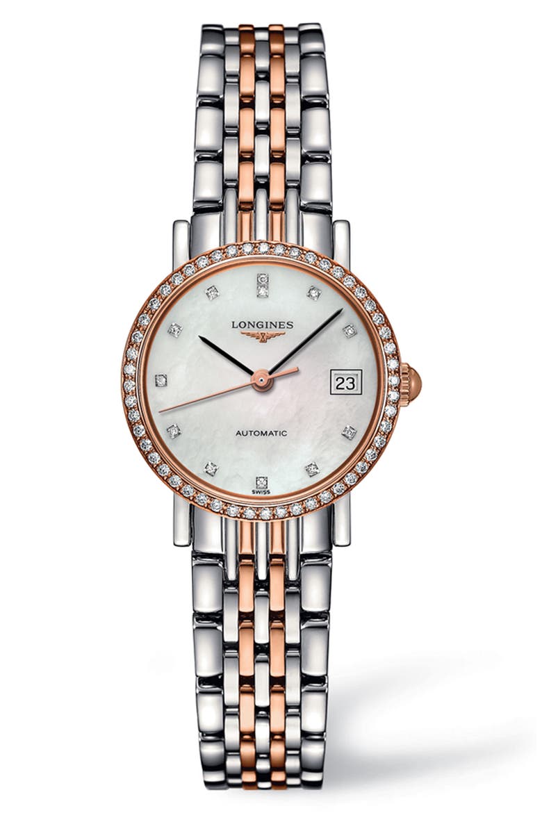 Elegant Automatic Diamond Bracelet Watch, 25.5 mm, Main, color, SILVER/ MOP/ ROSE GOLD
