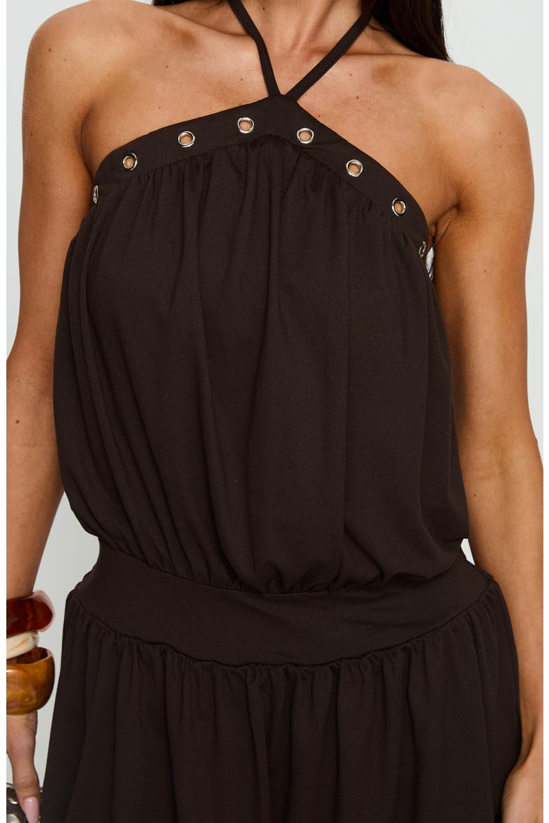 Sunnee Eyelet Detail Halter Bubble Playsuit, Alternate, color, BROWN