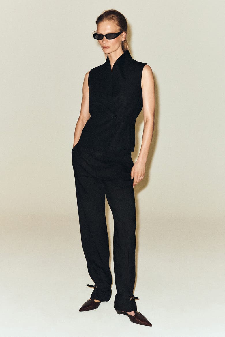 Linen Straight-leg Pants, Alternate, color, BLACK