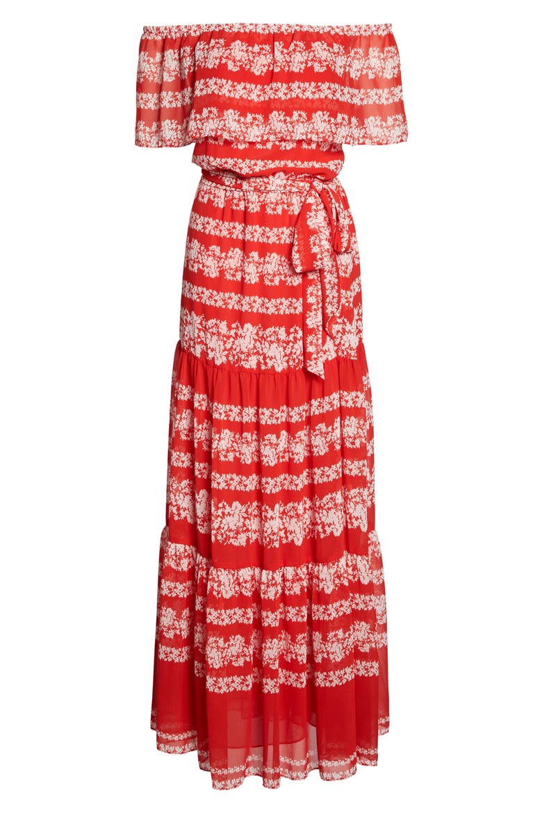 Off the Shoulder Maxi Dress, Alternate, color, RED/ IVORY