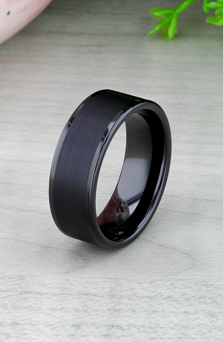 Larson Jewelers Vulcan Flat Tungsten Ring With Brushed Center and Polished Edges, Alternate, color, Flat Black 8Mm