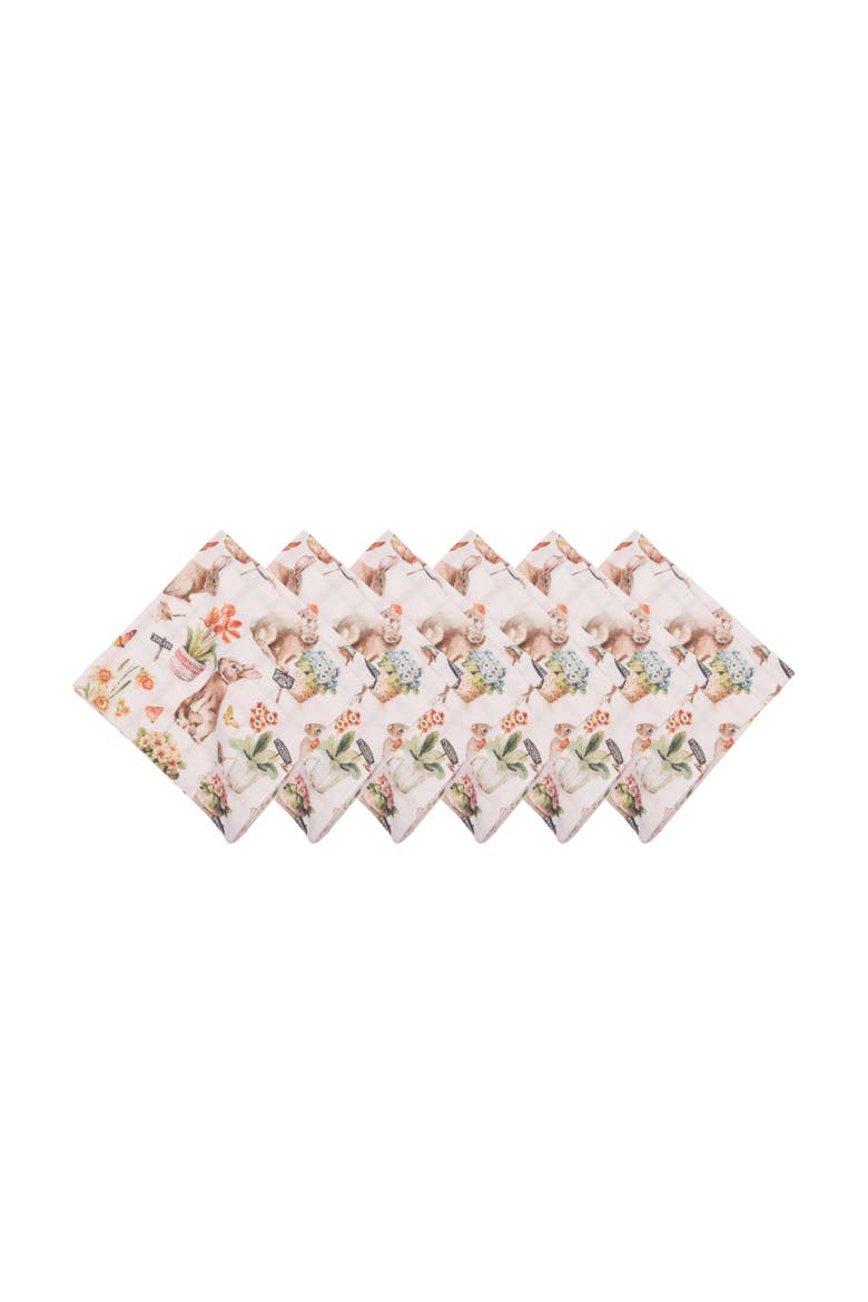 Little Garden Easter Rabbit Bunnies Graphic Print Set of 6 Cloth Napkins, Main, color, Orange