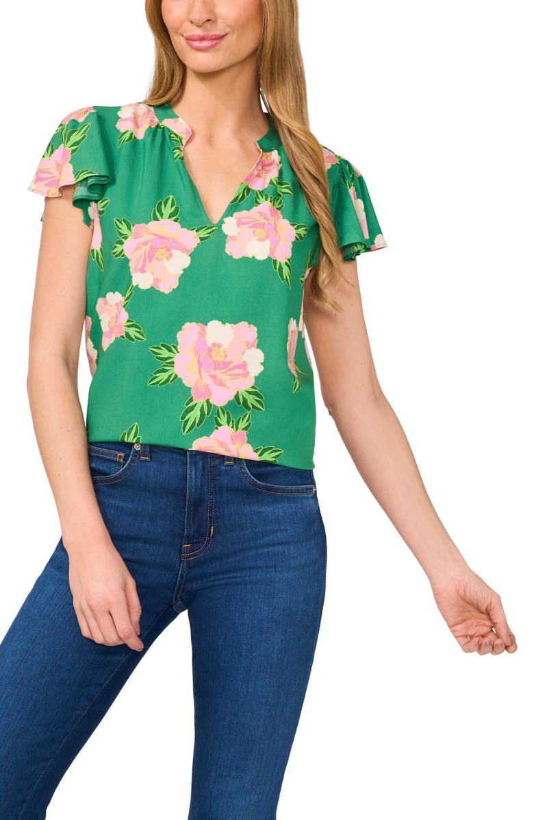 CeCe Floral Flutter Sleeve Top, Main, color, Medium Green