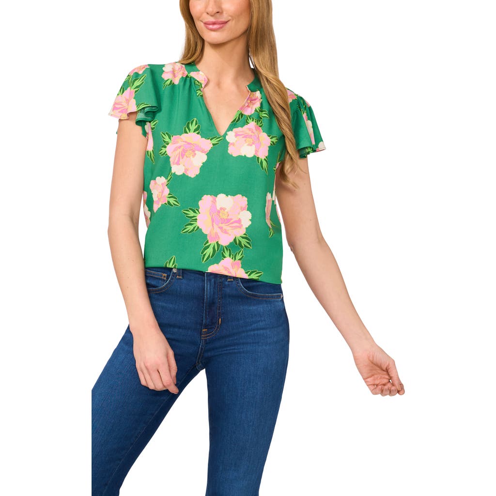 Cece Women's Floral Printed V-neck Blouse In Medium Green
