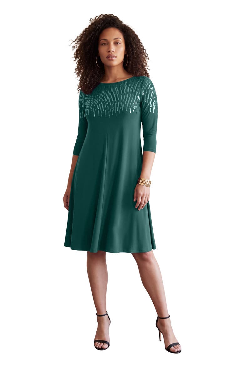 Plus Size 3/4 Sleeve Embellished Boatneck Dress, Main, color, EMERALD GREEN