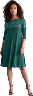 Roaman's Plus Size 3/4 Sleeve Embellished Boatneck Dress
