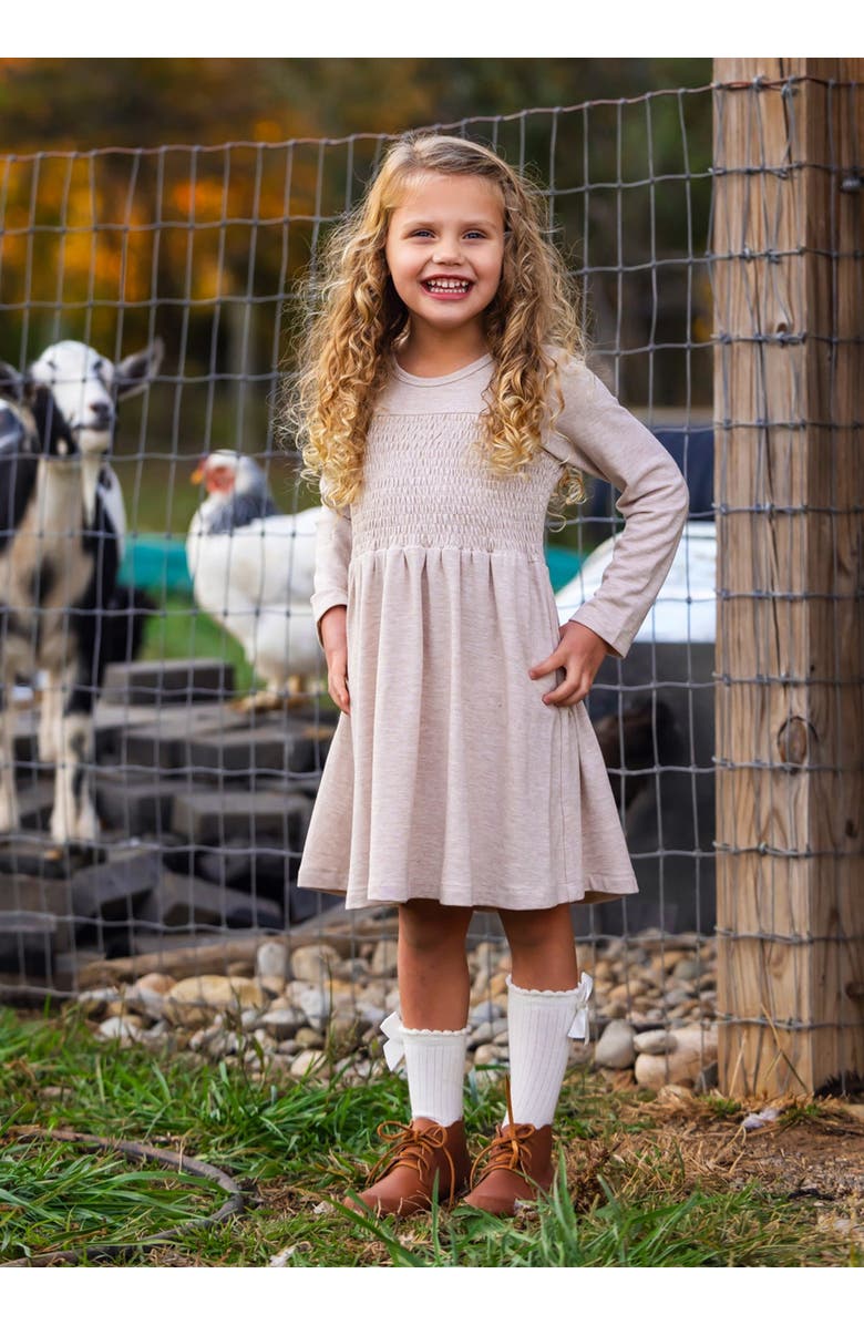 Mabel + Honey Mabel and Honey Millie Smocked Natural-Waist Toddler Dress, Beige Long-Sleeve Polyester-Blend., Alternate, color, Brown