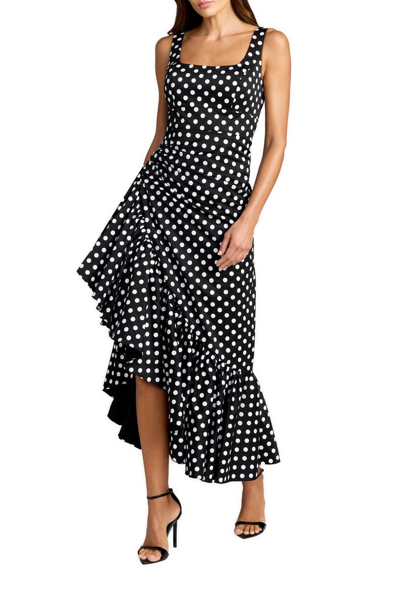 Sleeveless Polka Dot Midi Dress with Ruffled Hem, Main, color, Black Ivory