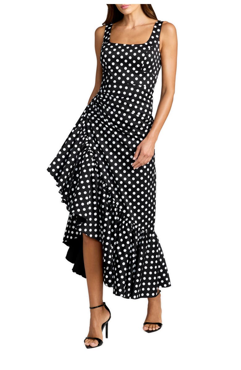 Mac Duggal Sleeveless Polka Dot Midi Dress with Ruffled Hem, Main, color, Black Ivory
