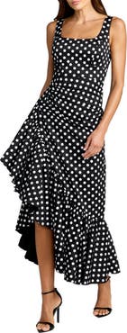 Mac Duggal Sleeveless Polka Dot Midi Dress with Ruffled Hem