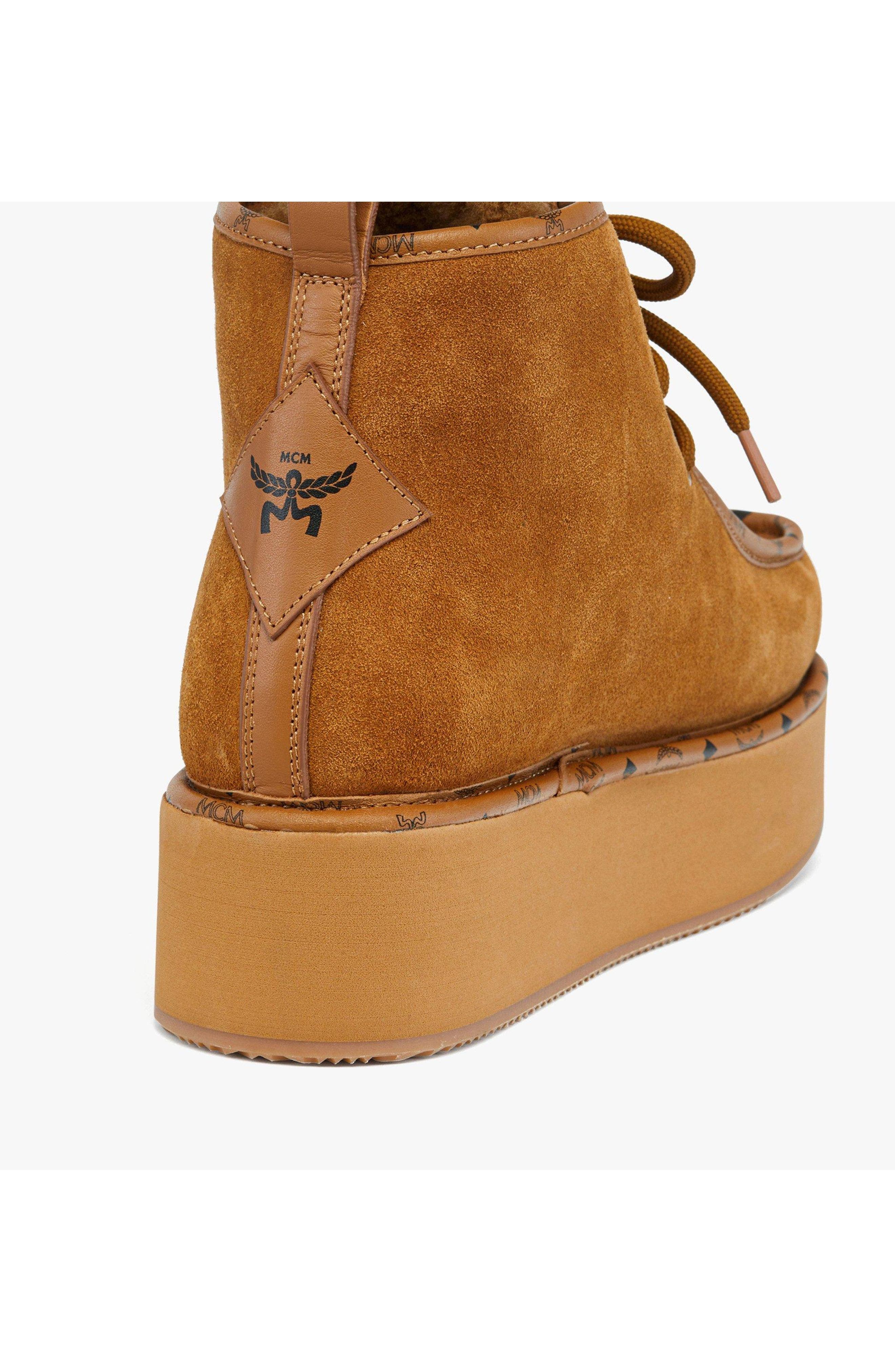 MCM Women
s Platform Boots in Calfskin Suede Leather, Alternate, color, Cognac