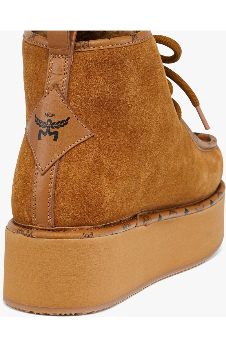 MCM Women's Platform Boots in Calfskin Suede Leather, Alternate, color, Cognac
