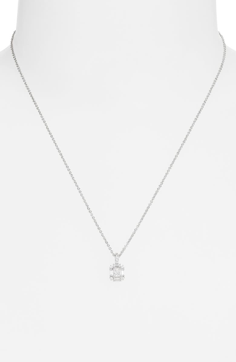 Nadri Bridesmaid Halo Emerald Cut Cubic Zirconia Pendant Necklace, Alternate, color, Rhodium