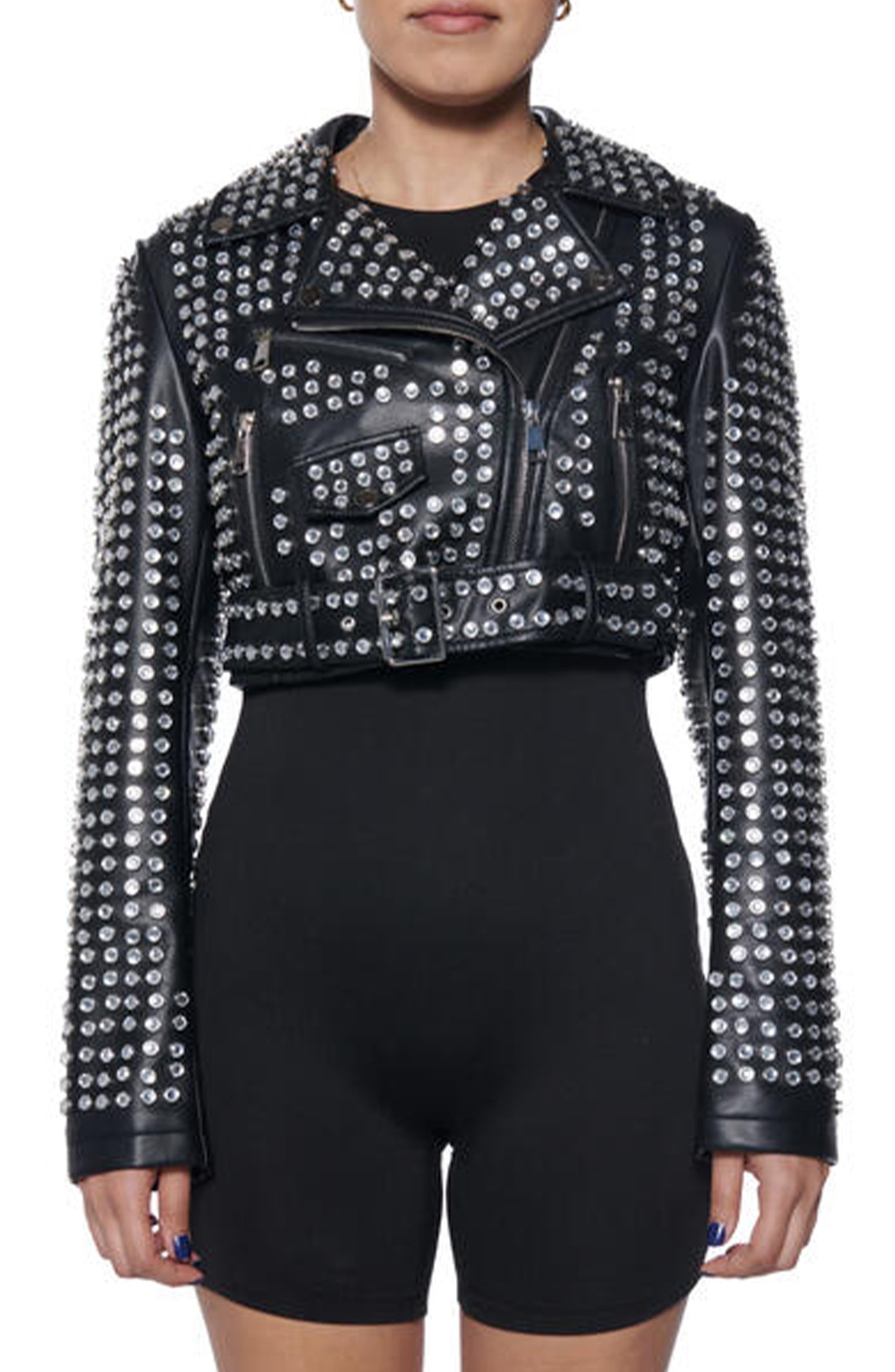 AZALEA WANG Gazette Studded Crop Faux Leather Moto Jacket