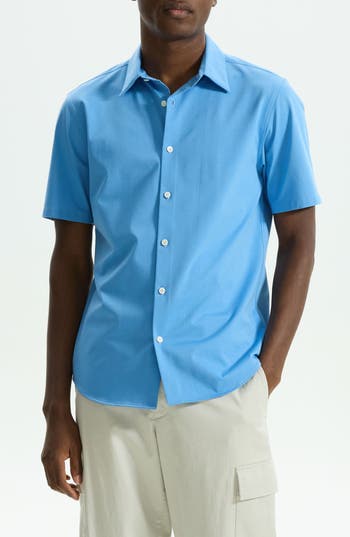 Theory Men's Irving Short Sleeve Shirt In Structure Knit In Powder Blue