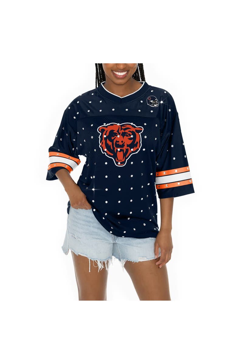 GAMEDAY COUTURE Women's Gameday Couture Navy Chicago Bears Kickoff Time Allover Rhinestone Sports Stripe Jersey V-Neck T-Shirt, Alternate, color, 