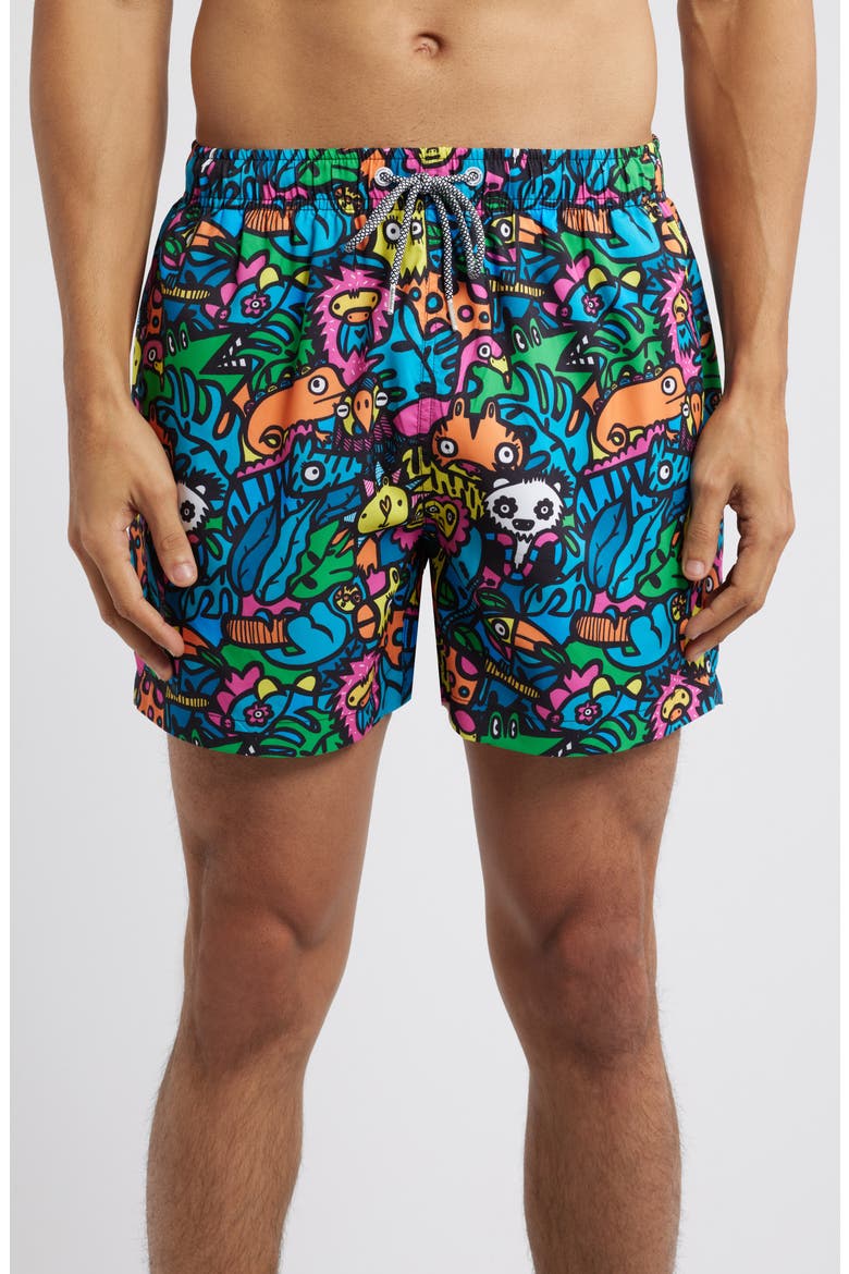 Munday Jungle Mid Length Swim Trunks, Main, color, MULTI