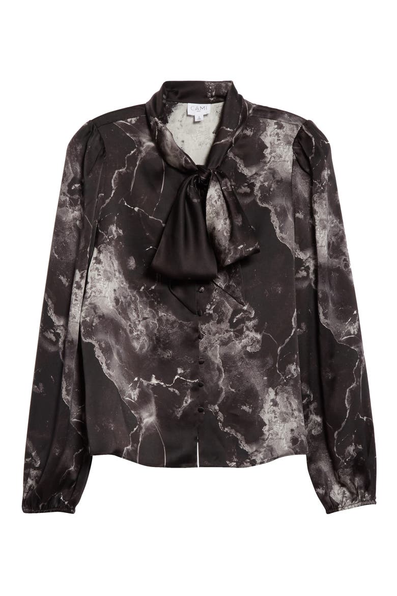The Ellery Tie Neck Silk Charmeuse Blouse, Alternate, color, BLACK MARBLE