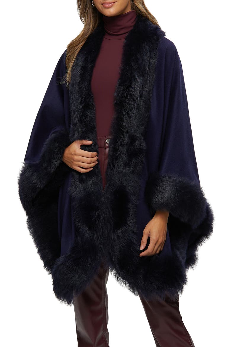 Cashmere Cape with Genuine Shearling Trim, Main, color, NAVY