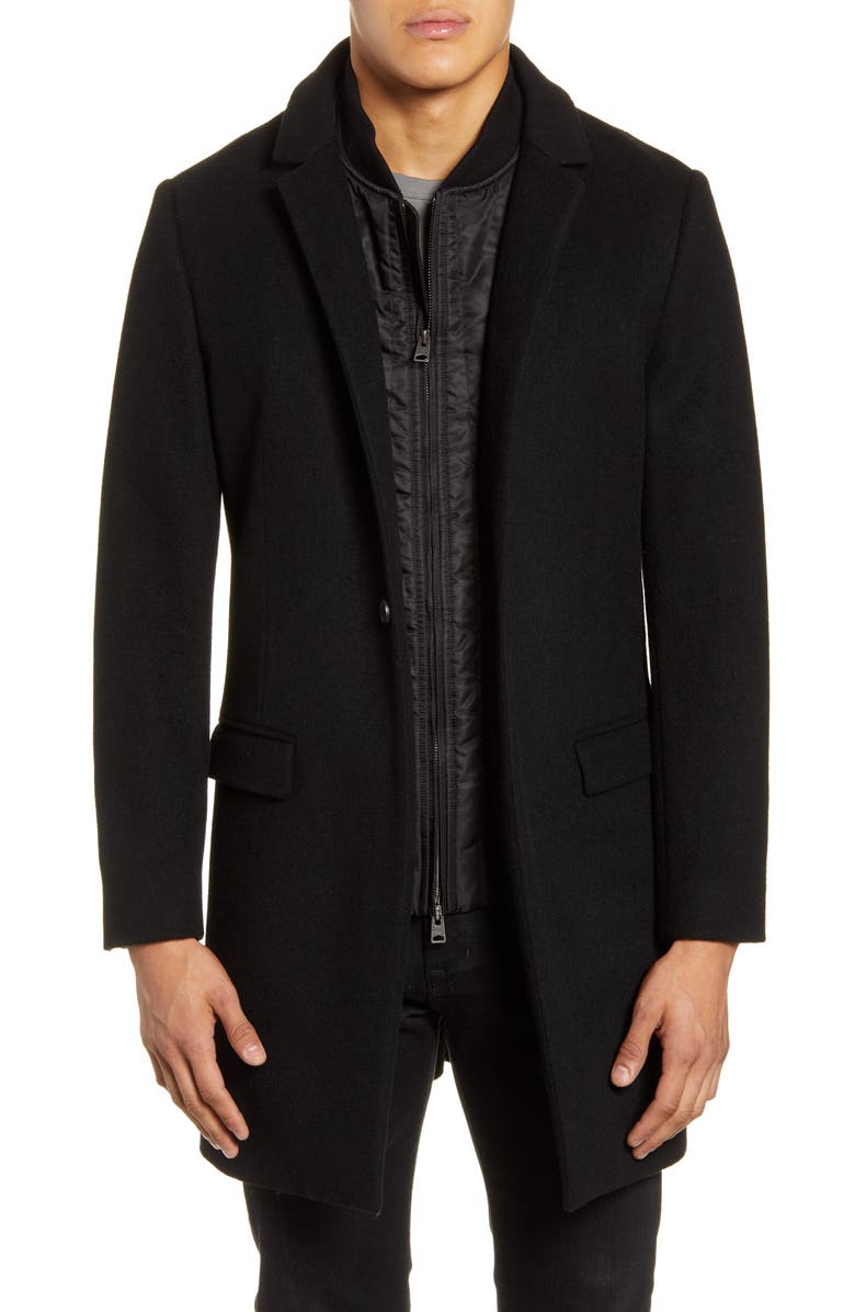 AllSaints Lockwood Slim Fit Wool Coat with Removable Bib Inset, Main, color, 