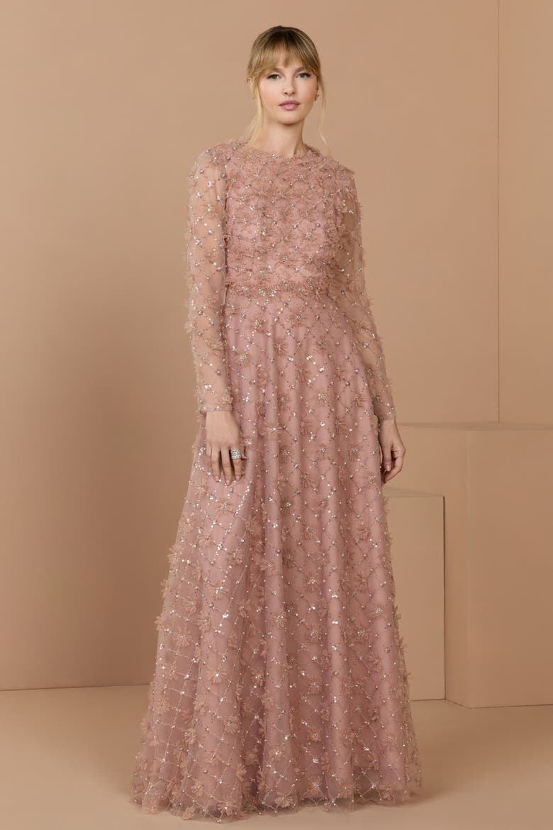 High Neck Long Sleeve Floral Embellished A-Line Gown, Alternate, color, Mocha