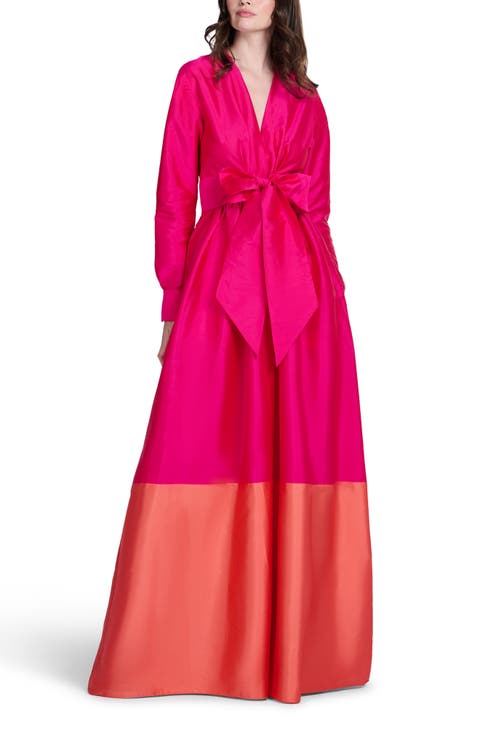Colorblock Long Sleeve Taffeta Gown