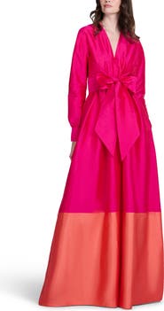 EMILY SHALANT Colorblock Long Sleeve Taffeta Gown