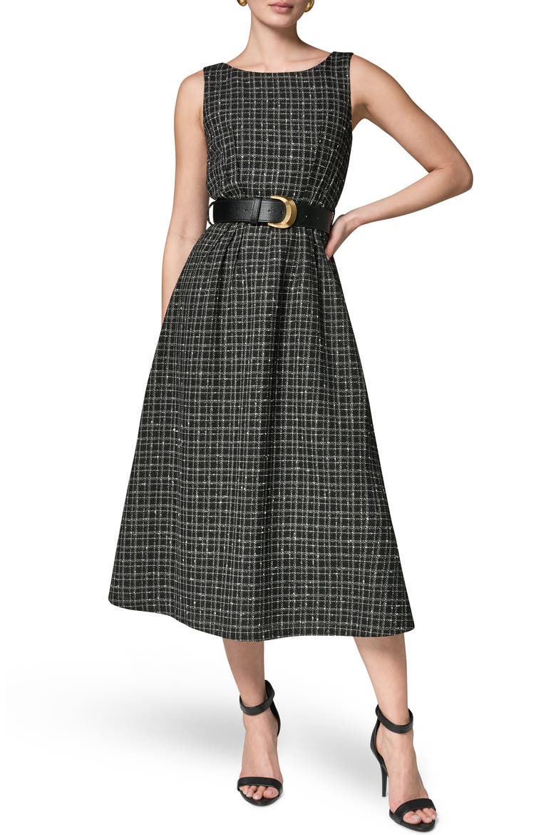 Check Tweed Belted Midi Dress, Main, color, BLACK CREAM