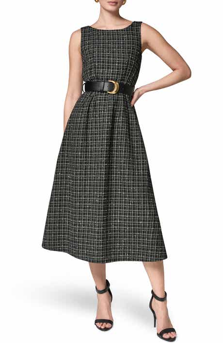 Check Tweed Belted Midi Dress