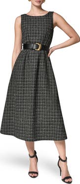 Donna Karan New York Check Tweed Belted Midi Dress