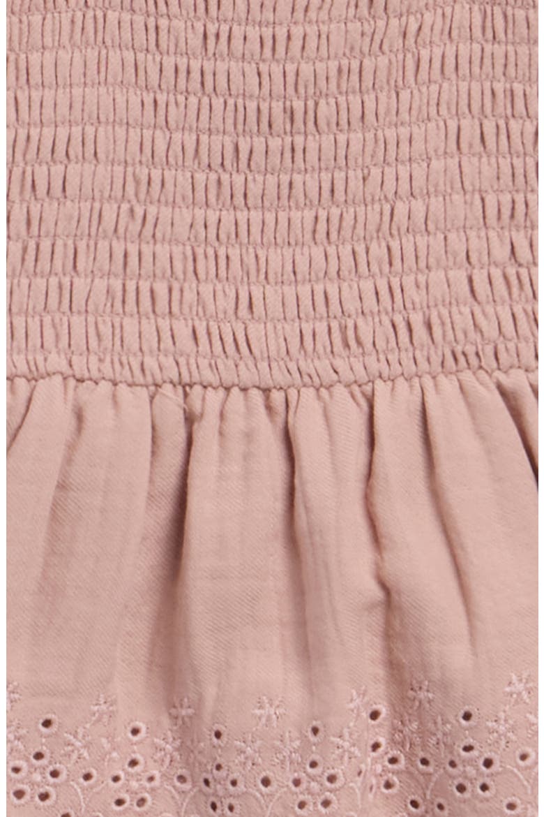 Eyelet Smocked Organic Cotton Skirted Bodysuit, Alternate, color, MAUVE