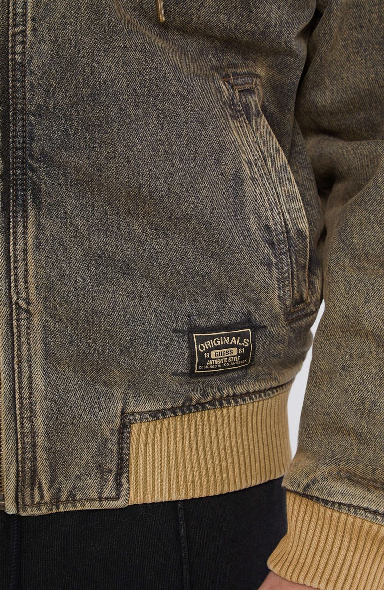 GUESS ORIGINALS Go Brown Sanded Denim Hooded Bomber Jacket, Alternate, color,