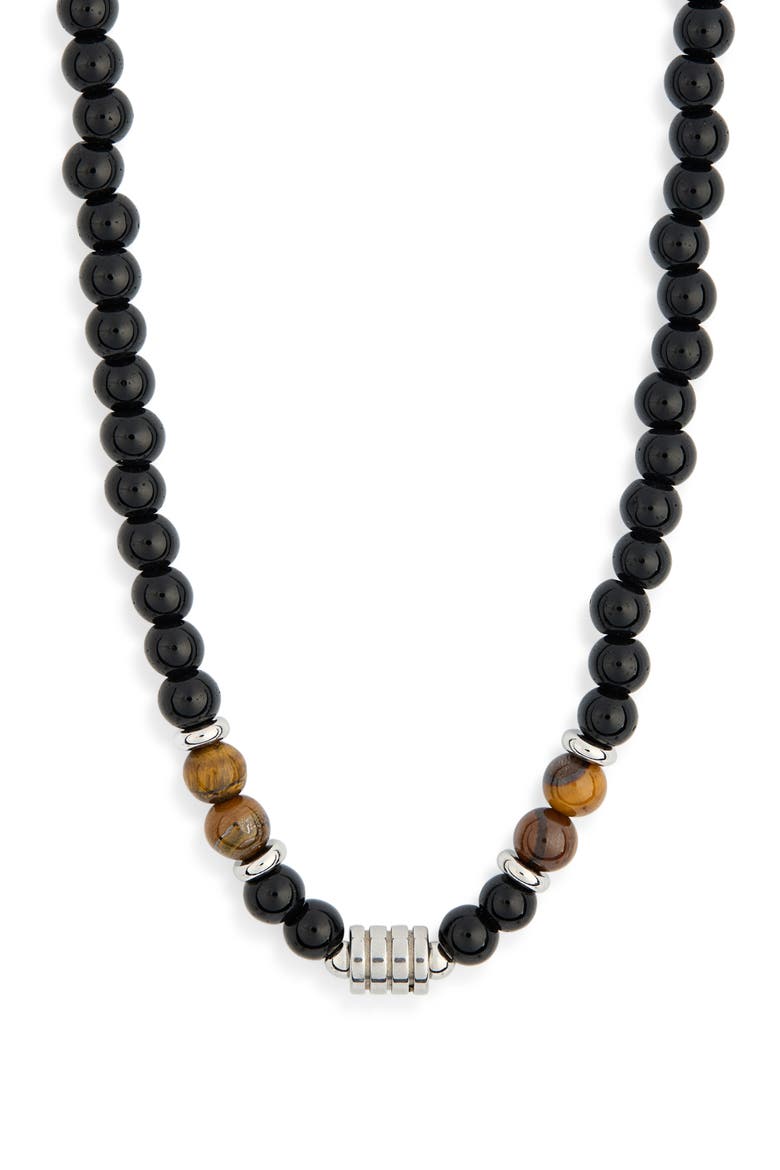 Men's Waterproof Semiprecious Beaded Necklace, Main, color, BROWN- BLACK- STAINLESS