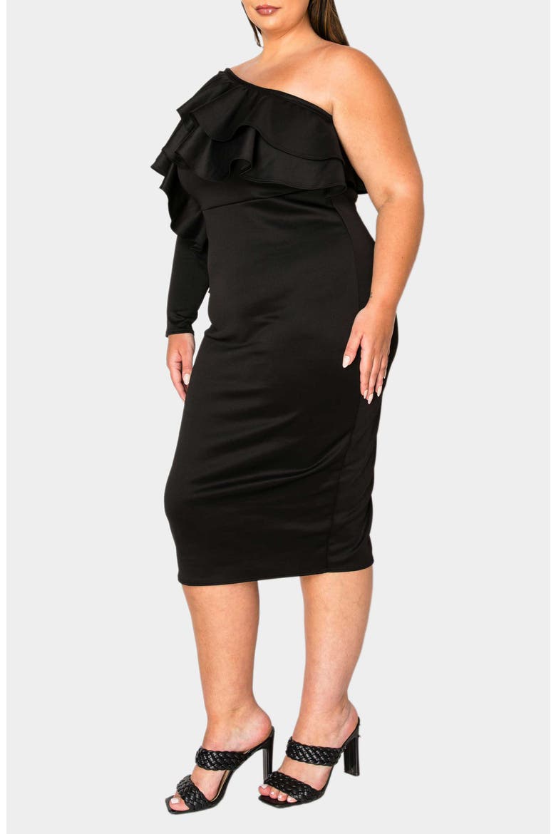 Val Ruffle One-Shoulder Midi Dress, Alternate, color, BLACK
