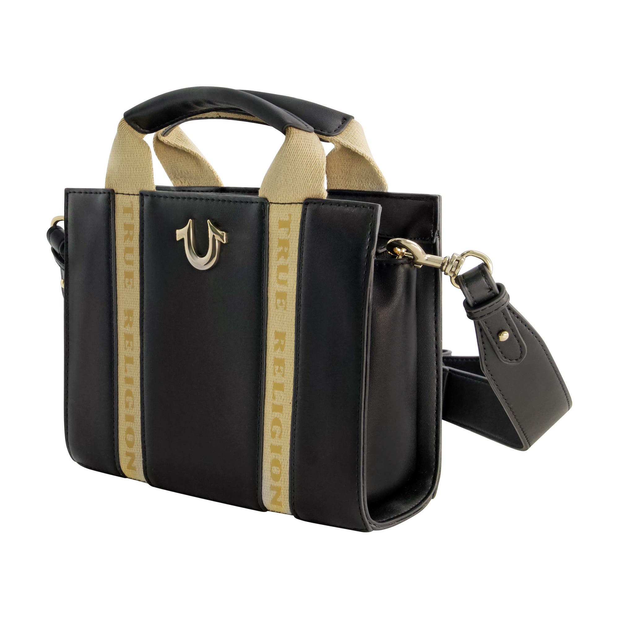 True Religion Licensed Faux Leather Mini Tote Bag with Branded Straps, Alternate, color, Black