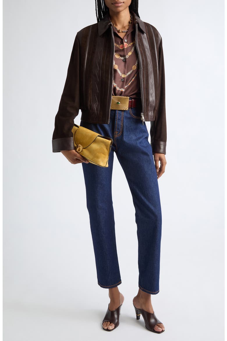 Mixed Media Greca Blouson Jacket, Alternate, color, BROWN