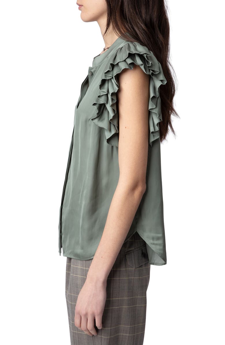 Zadig & Voltaire Tiza Ruffle Satin Button-Up Blouse, Alternate, color, Trellis