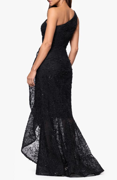Xscape Evenings Sequin Embroidery One-shoulder High-low Gown In Black