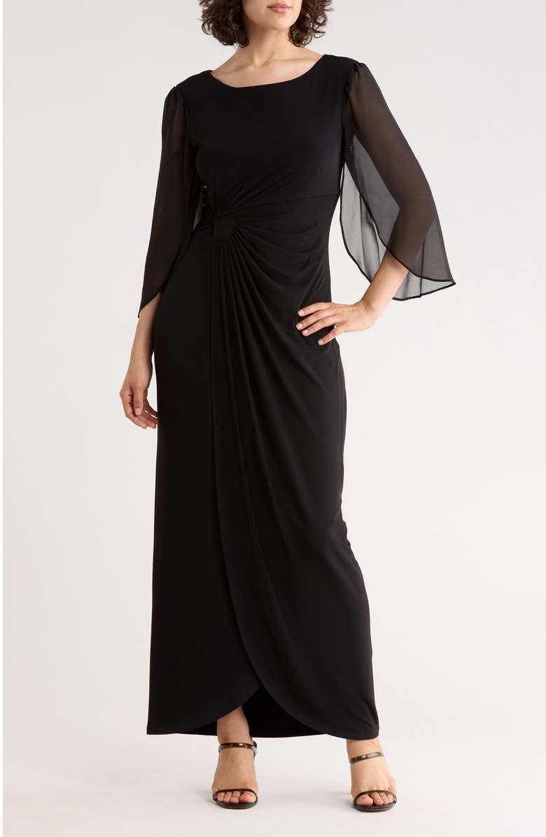 Connected Apparel Cape Sleeve Faux Wrap Gown, Main, color, Black