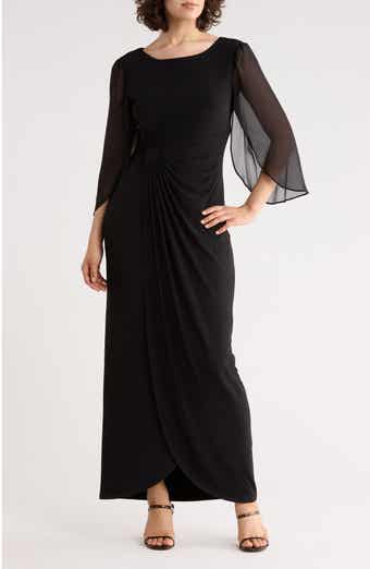 Connected Apparel Cape Sleeve Faux Wrap Gown