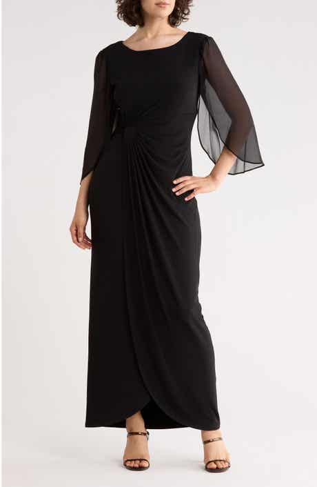 Connected Apparel Cape Sleeve Faux Wrap Gown