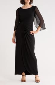 Connected Apparel Cape Sleeve Faux Wrap Gown